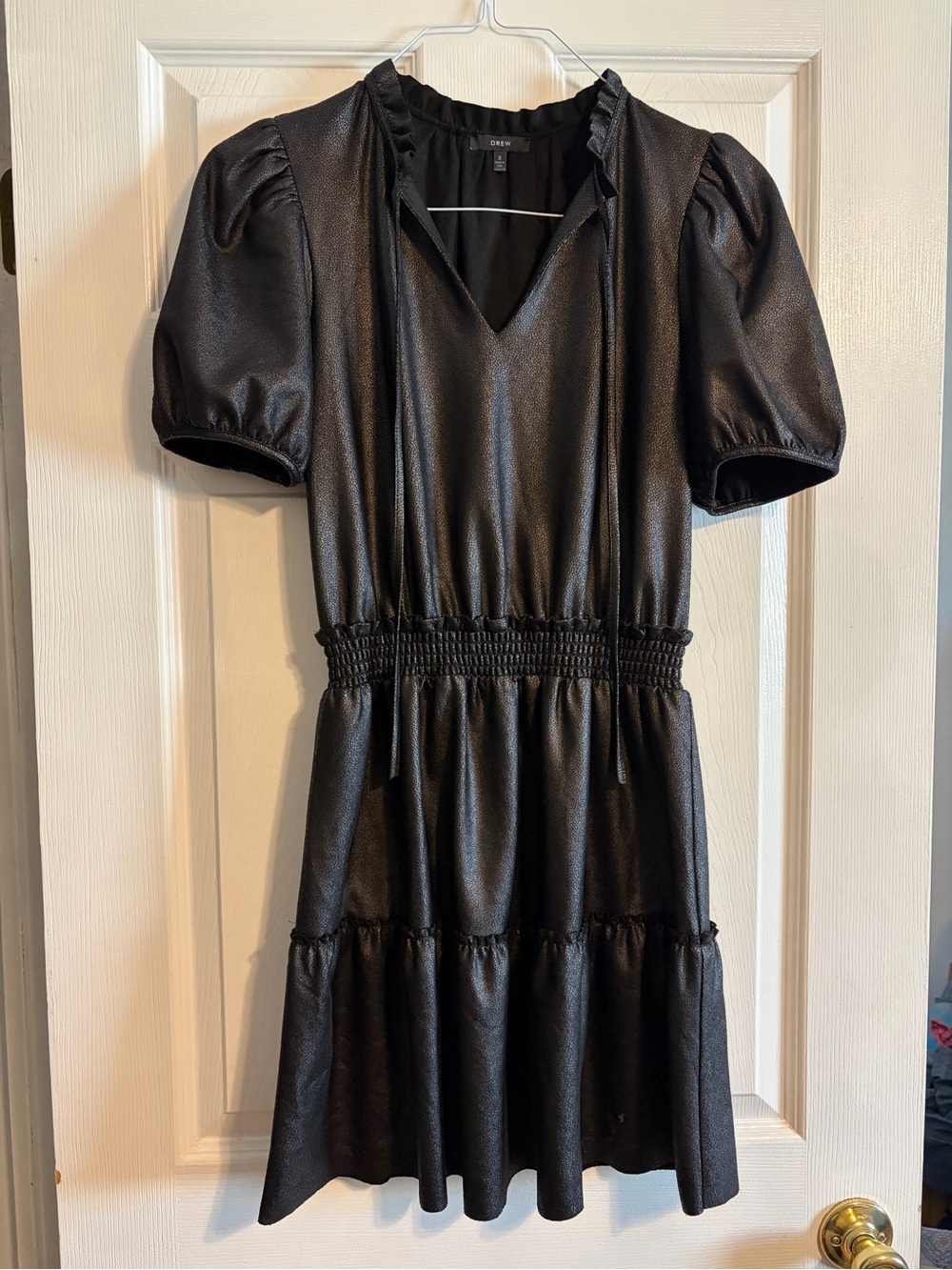 Drew Clothing Black Vegan Leather Smocked Mini Dress Puff Sleeve Size Small S